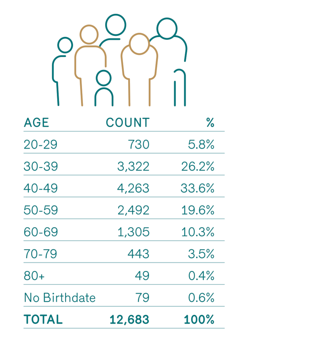 Table depicting the number of solicitors in Ireland within each age bracket and the percentage of the total solicitors