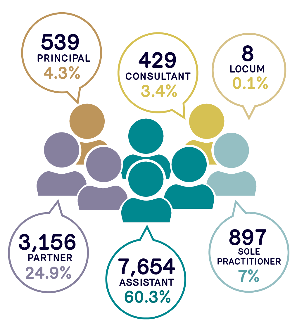Graphic shapes of people with speech bubbles describing the number of solicitors in each position type