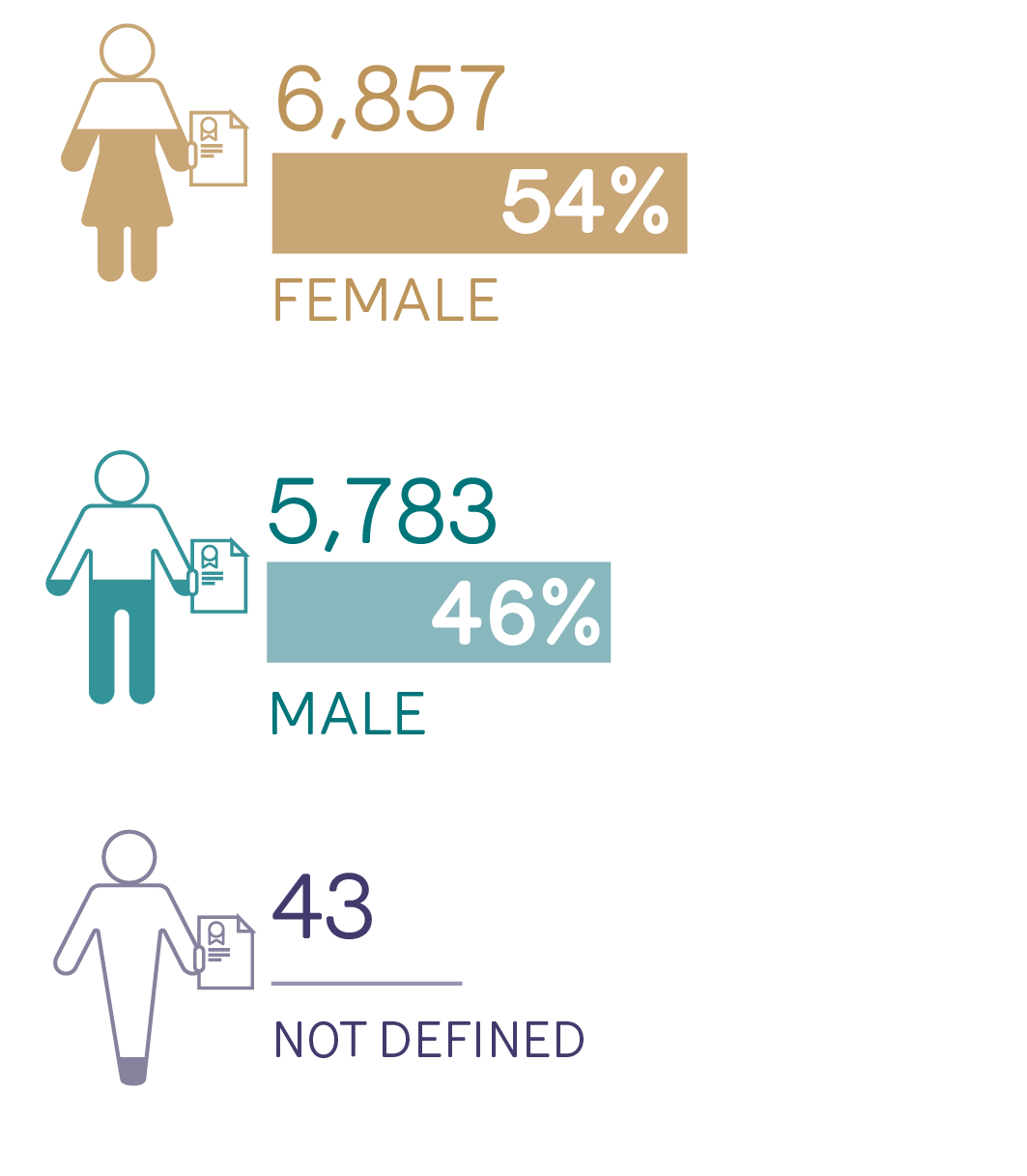 Icon representing genders accompanied by bar charts depicting the percentage of each that are solicitors