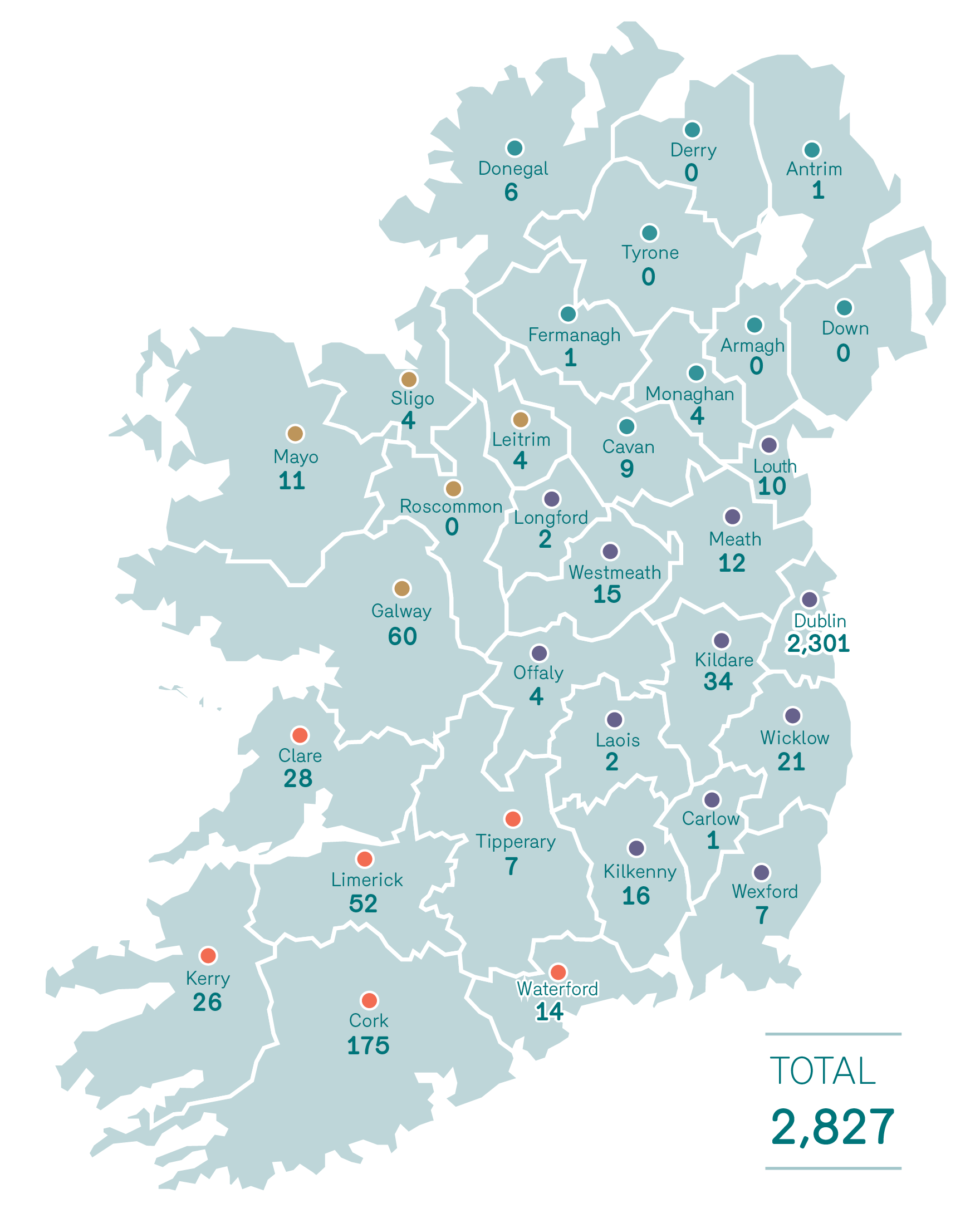 A map of Ireland divided into counties with numbers representing practising In-house solicitors in each