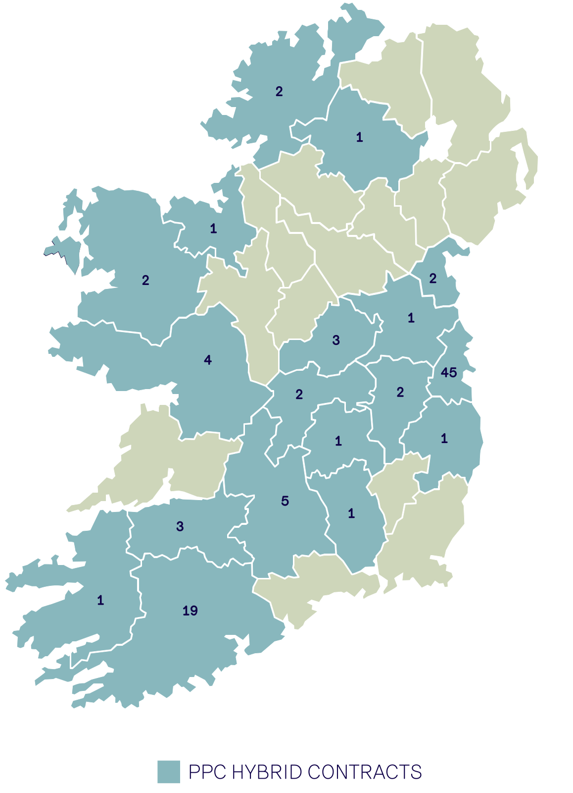 A map of Ireland divided into counties with numbers representing Hybrid PPC students