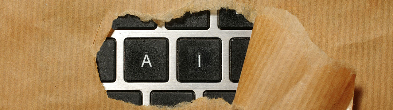 Brown paper peels back to reveal the letters AI on a laptop keyboard