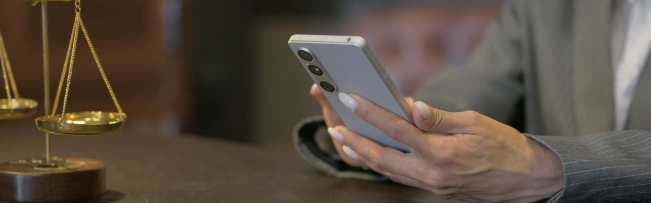 A female lawyers using a smartphone with a scales of justice visible