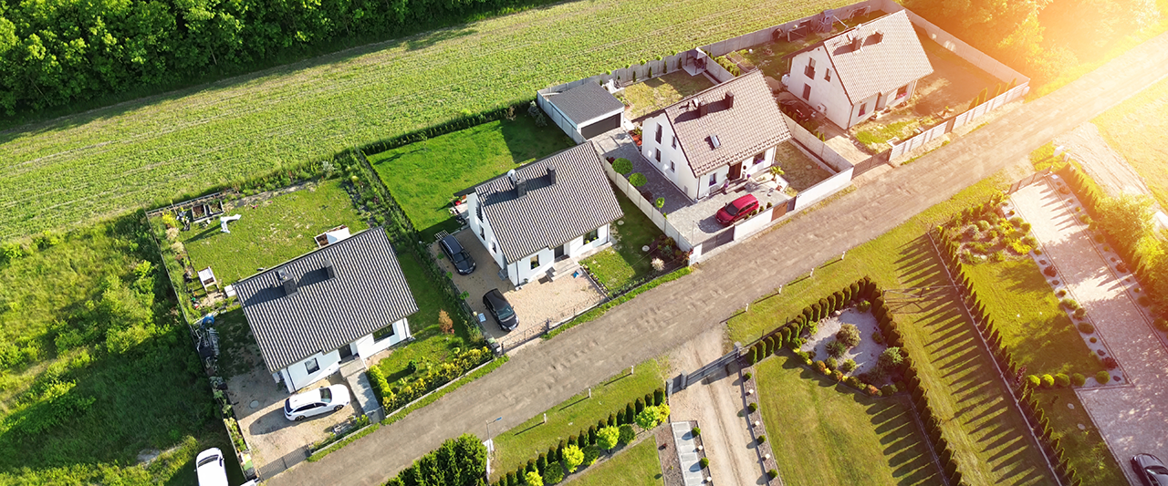 an arial view of houses in a row