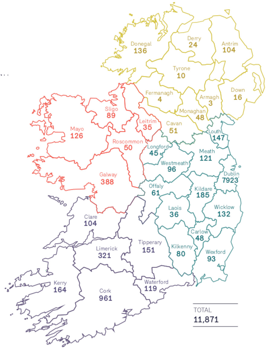 A map of Ireland showing geographical distribution of practising solicitors around the country. The county with the largest number of solicitors is Dublin, with 7,923 of the 11,871 total solicitors