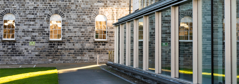 Front lawn and front of Education building at Blackhall Place