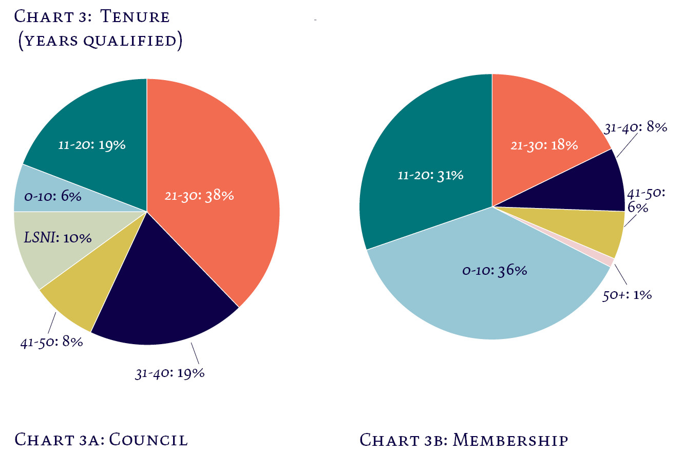 A chart comparing the tenure (time since qualification) of members of the Council with the profession as awhole